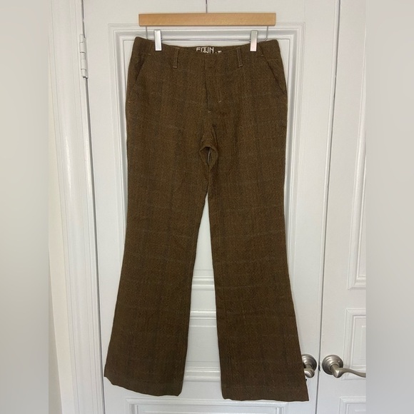 EDUN Vintage 100% Wool Plaid Brown & Tan Pants Back & Front Pockets Size 29 or 6 - Picture 1 of 11